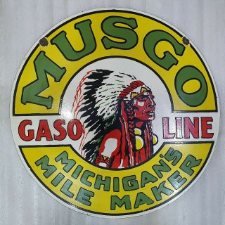Musgo Gasoline 2 Sided Vintage Enamel Sign.