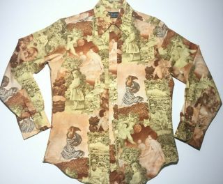 Vintage 70s Chemise Et Cie Polyester Disco Shirt Renaissance Print Nos Large