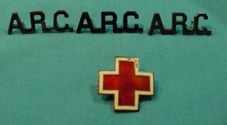 Wwii A.  R.  C.  American Red Cross Collar Pins And Enamel Cross Insignia