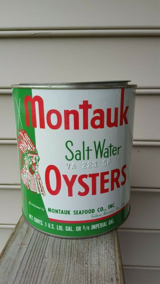 Old Vtg Montauk Salt Water Oysters Tin Can 1 Gal Can Montauk Seafood Co. ,  Inc.