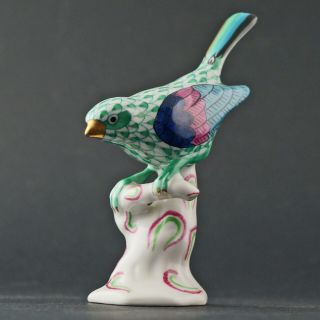 Vintage Herend Bird On Tree Branch,  Green Fishnet Porcelain Figurine,  5132 Nr