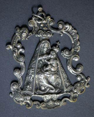 Large Collectible Antique Marked Spanish Solid Silver Religious Medal Virgin