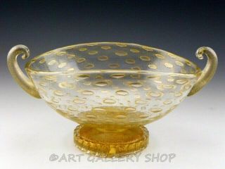 Vintage Murano Italy Art Glass Gold Fleck Handled Bowl Centerpiece