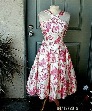 Vintage Suzy Perette Tea Dress Pink & Ivory Floral Tulle Crinoline S Small Euc