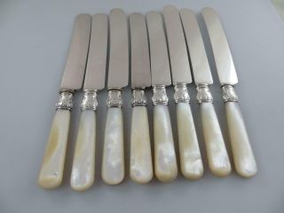 8 Dinner Knives Meriden Cutlery Mother Of Pearl Handles Sterling Silver Band