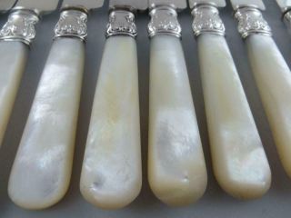 8 Dinner Knives Meriden Cutlery Mother of Pearl Handles Sterling Silver Band 2