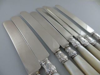 8 Dinner Knives Meriden Cutlery Mother of Pearl Handles Sterling Silver Band 4