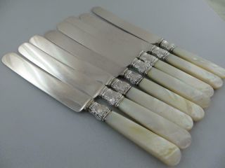 8 Dinner Knives Meriden Cutlery Mother of Pearl Handles Sterling Silver Band 5