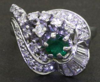 Vintage 1950s 14k Wg 1.  54ct Vs1/g Diamond/emerald Cluster Flower Cocktail Ring