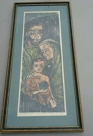 Sister Veronica Holly Family 51/100 Woodblock Art Hand Signed By Artist In 1963