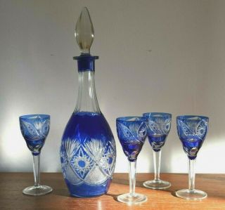 Vintage Russian Blue Cut Crystal Decanter & 4 Shot Glasses