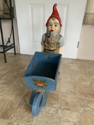 Heissner Vintage German Plastic Gnome With Wooden Wheel Barrow (height: 28 - 1/2”)