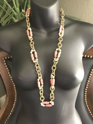 Miriam Haskell Rose Quartz Wavy & Pale Pink Bead Braided Gold Tone Necklace