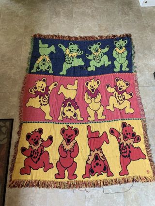 Vintage Grateful Dead Dancing Bears Knitted Throw Blanket 43x 46 " Inch Fringed