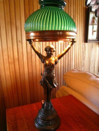 Vintage Art Nouveau Bronze Woman Figural Table Lamp Green Glass Shade