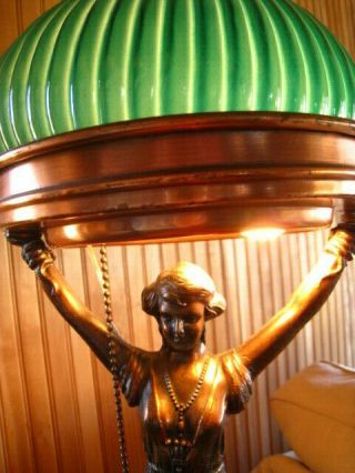 Vintage Art Nouveau Bronze woman figural table lamp green glass shade 2