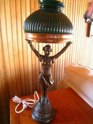 Vintage Art Nouveau Bronze woman figural table lamp green glass shade 3