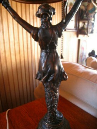 Vintage Art Nouveau Bronze woman figural table lamp green glass shade 7