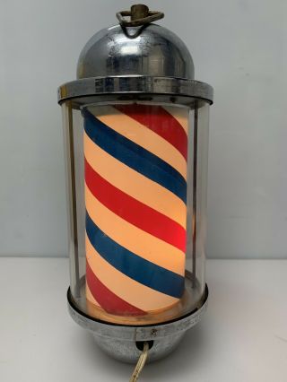 Vintage Barber Pole Light - Up Glass/chrome Rotating Hanging Light 12 " Sign