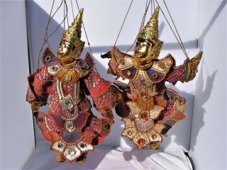 Vintage Indonesian Wayang Golek String Marionette Puppet Pair Gilt God