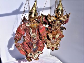 Vintage Indonesian Wayang Golek String MARIONETTE Puppet Pair Gilt God 3