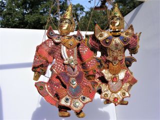 Vintage Indonesian Wayang Golek String MARIONETTE Puppet Pair Gilt God 4