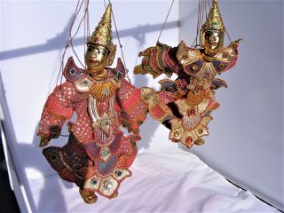Vintage Indonesian Wayang Golek String MARIONETTE Puppet Pair Gilt God 5