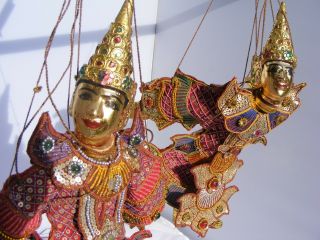 Vintage Indonesian Wayang Golek String MARIONETTE Puppet Pair Gilt God 7