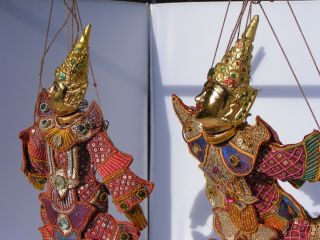 Vintage Indonesian Wayang Golek String MARIONETTE Puppet Pair Gilt God 8
