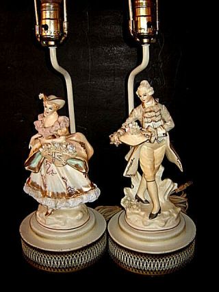 Estate Vtg Porcelain Pair Figural Table Lamp W/lace Clothing 25 " Tall