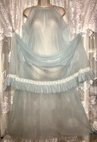 Vtg Miss Elaine L Robins Egg Blue D Sheer Chiffon Nightgown Gown Ruffle Hem