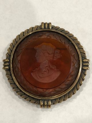 Vtg Victorian Style Extasia Glass Cameo Brass Tone Brooch