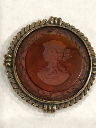 VTG VICTORIAN STYLE EXTASIA GLASS CAMEO Brass TONE BROOCH 2