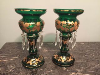 13 " Vintage Czech Bohemian Emerald Green Gold Glass Mantle Lusters W/ Prisms