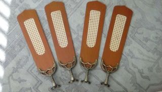 Set Of 4 Vintage Wooden Ceiling Fan Blades W/ Antique Brass Blade Arms