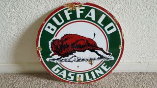 Vintage Buffalo Gasoline 11 3/4 " Porcelain Gas & Oil Sign Pump Plate Lubester