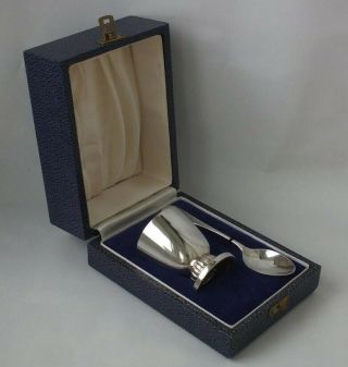 Stylish Boxed Solid Sterling Silver Egg Cup & Spoon 1973