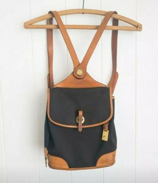 Vintage Dooney & Bourke Brown Tan Leather And Canvas Backpack & Matching Wallet