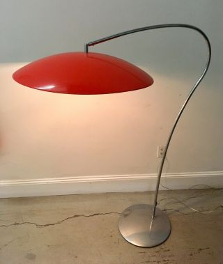 Flying Saucer Floor Lamp Chrome Swing Arm / Bright Red Shade Vintage