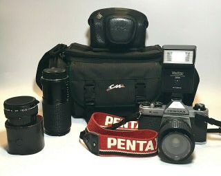 Vintage Asahi Pentax K1000 35mm Slr Camera With Lenses Case Flash And