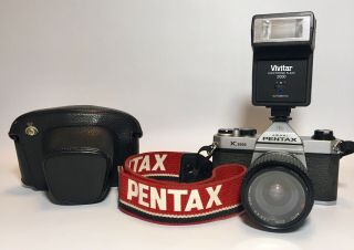 Vintage Asahi Pentax K1000 35mm SLR Camera With Lenses Case Flash And 2