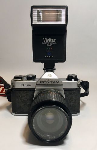 Vintage Asahi Pentax K1000 35mm SLR Camera With Lenses Case Flash And 5