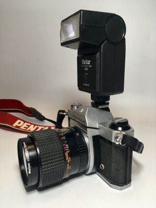 Vintage Asahi Pentax K1000 35mm SLR Camera With Lenses Case Flash And 6