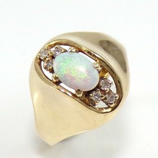 Vintage Natural Fiery Opal & Diamond Ring 14k Yellow Gold Size 6 Ldk2