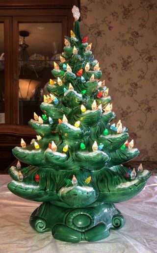Vintage Large Multi Color Ceramic Christmas Tree Cj 84 Light Up W/ Flower Topper