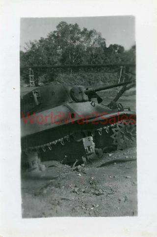 969 WWII 831st Aviation Eng Bn Photo Destroyed KO ' ed M4 Sherman Tank 2