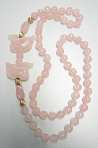 Vintage Pink Rose Quartz Carved Ducks Hand Knotted Bead Necklace 2