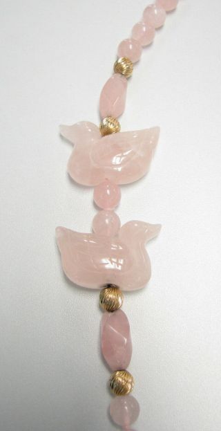 Vintage Pink Rose Quartz Carved Ducks Hand Knotted Bead Necklace 3