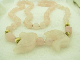 Vintage Pink Rose Quartz Carved Ducks Hand Knotted Bead Necklace 4