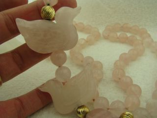 Vintage Pink Rose Quartz Carved Ducks Hand Knotted Bead Necklace 6
